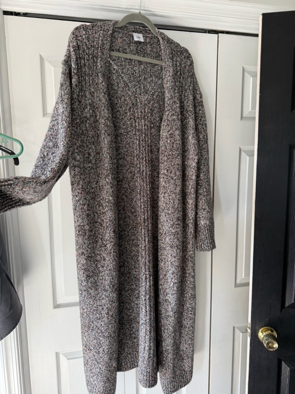Cabi Long Open-Front Speckled Knit Cardigan
